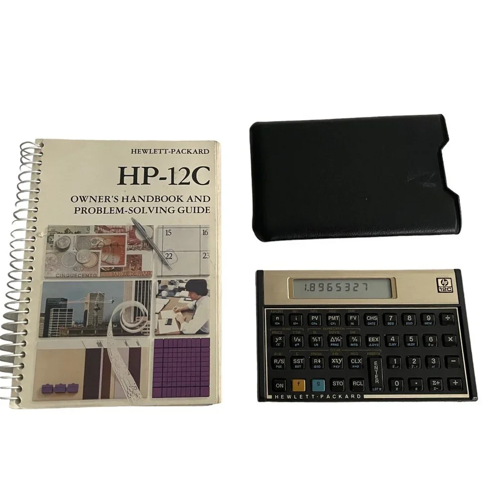 Vintage HP-12C Gold Financial Calculator w/ 1983 Manual & Leather Slipca…